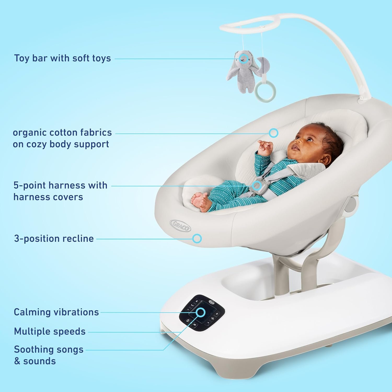 Graco SmartSense Baby Swing with Cry Detection Technology, Soothing Motions and Calming Vibrations, Comfortable Infant Support, Rori - Image 4
