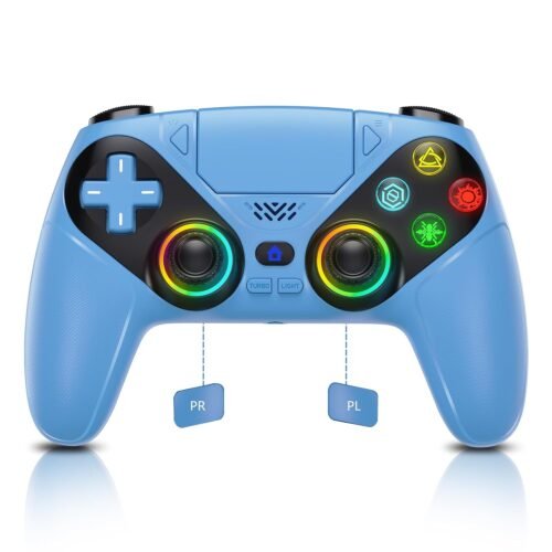 Dinosoo RGB Wireless Controller for PS5/PlayStation 5 PC, Bluetooth Controller with Turbo, Macro, Dynamic Vibration, 6-Axis Motion Control, 3.5mm Audio Jack, 1000mAh Battery, Speaker – Blue