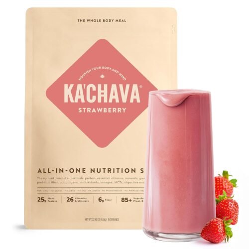 Ka’Chava All-In-One Nutrition Shake Blend, Strawberry, 15 Servings, 85+ Superfoods & Nutrients, Greens Plant-Based Powder Protein Drink, Digestive Enzymes & Probiotics, Vegan Dairy Gluten Free