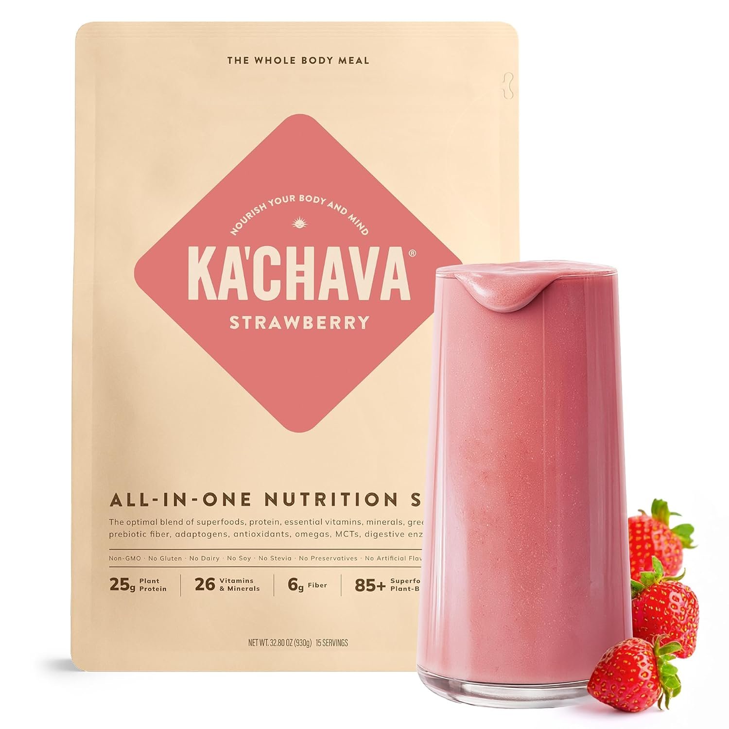 Ka’Chava All-In-One Nutrition Shake Blend, Strawberry, 15 Servings, 85+ Superfoods & Nutrients, Greens Plant-Based Powder Protein Drink, Digestive Enzymes & Probiotics, Vegan Dairy Gluten Free